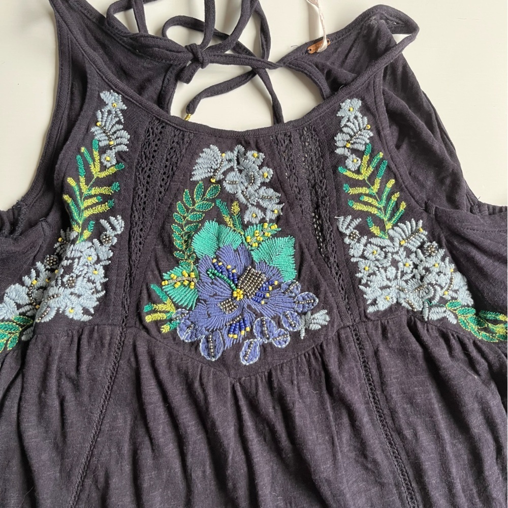 Free People fast times Navy beaded Embroidered cold shoulder Blouse - Picture 5 of 11